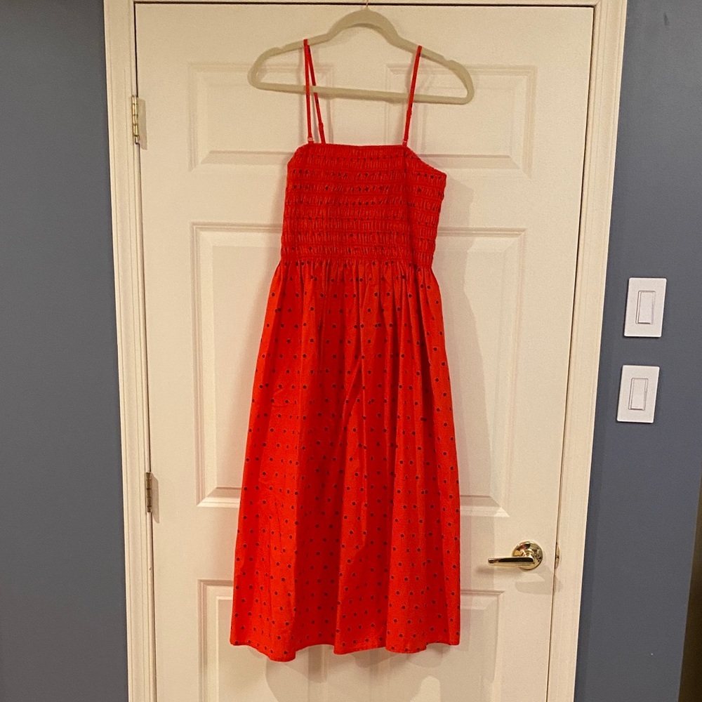 a new day Red Smocked Midi Dress with Tiny Dot Print